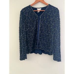 Talbots Beaded Cocktail Cardigan Jacket Navy Blue Rayon Size Medium SG
